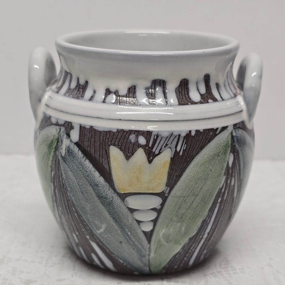 Vintage Laholm Sweden Pottery Ceramic Floral Handled Vase Cottage Boho Decor